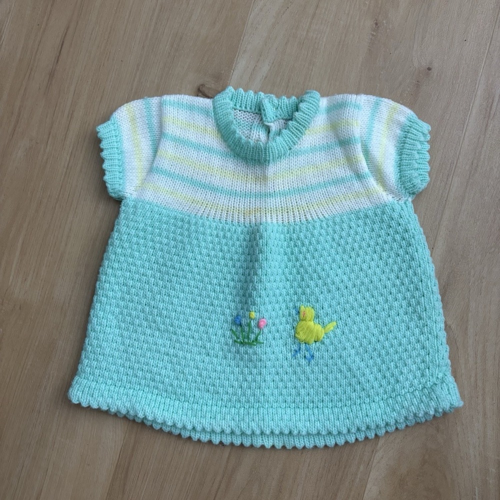 Vintage Glo-Knyt Baby Girl Sweater 0-3 Months Easter Made In Japan Duck Flowers